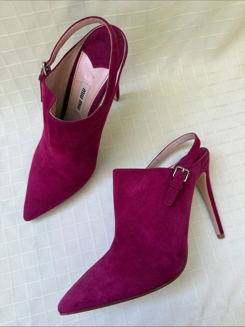 Miu Miu Magenta Suede Pointed-Toe Slingback Heels with Dust Bag